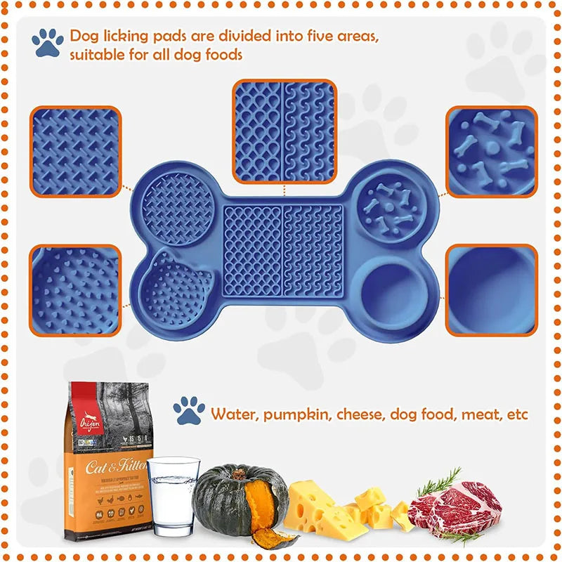6 in 1 Slow Feeder Mat Bone Shape with Water Bowl