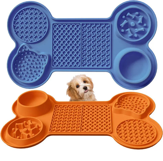 6 in 1 Slow Feeder Mat Bone Shape with Water Bowl
